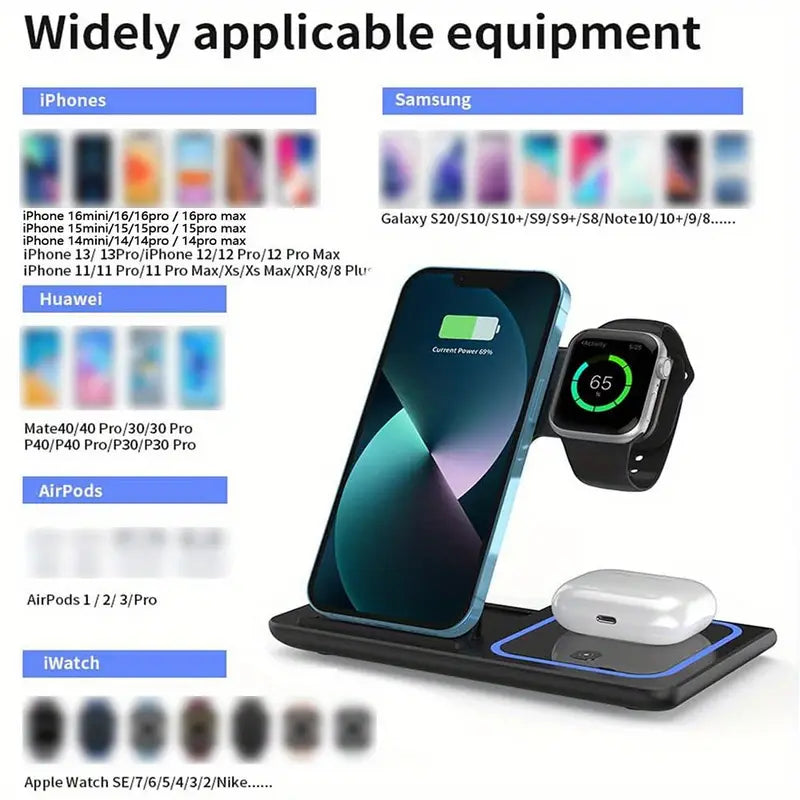 Chargeur sans fil 3 en 1, pliable et magnétique, pour téléphone, montre et écouteurs