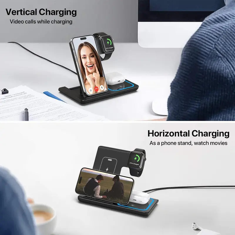 Chargeur sans fil 3 en 1, pliable et magnétique, pour téléphone, montre et écouteurs